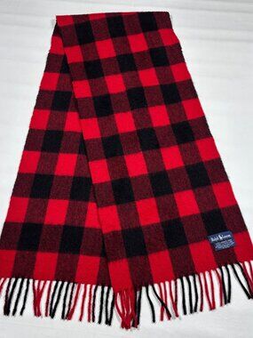 Vtg Ralph Lauren Red Buffalo Plaid 100% Lambswool Scarf Made in Scotland Fringe